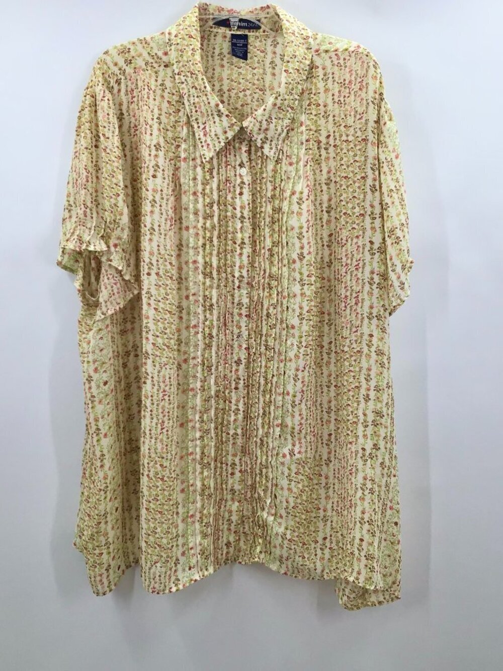Women's Sz. 32W Yellow Floral Blouse Top Summer Ditzy Pintuck Pleat Puff Sleeves